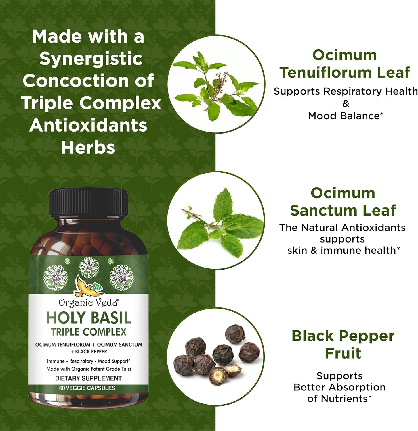 Triple Complex Tulsi Holy Basil Leaf Extract Capsules - Supports Respiratory Health, Immunity, Stress Response & Mood - Organic Veda - Vegan, Gluten-Free - 60 Count