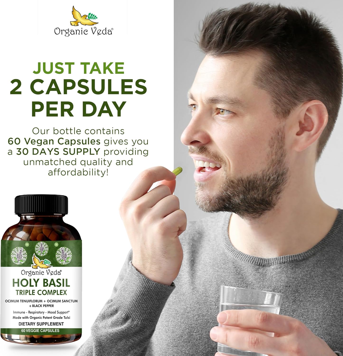 Triple Complex Tulsi Holy Basil Leaf Extract Capsules - Supports Respiratory Health, Immunity, Stress Response & Mood - Organic Veda - Vegan, Gluten-Free - 60 Count