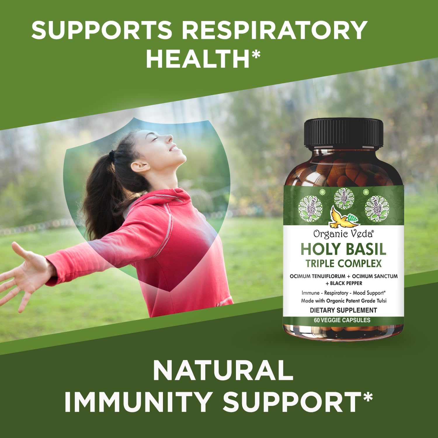 Triple Complex Tulsi Holy Basil Leaf Extract Capsules - Supports Respiratory Health, Immunity, Stress Response & Mood - Organic Veda - Vegan, Gluten-Free - 60 Count
