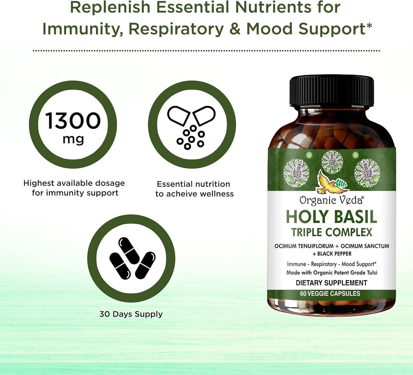 Triple Complex Tulsi Holy Basil Leaf Extract Capsules - Supports Respiratory Health, Immunity, Stress Response & Mood - Organic Veda - Vegan, Gluten-Free - 60 Count