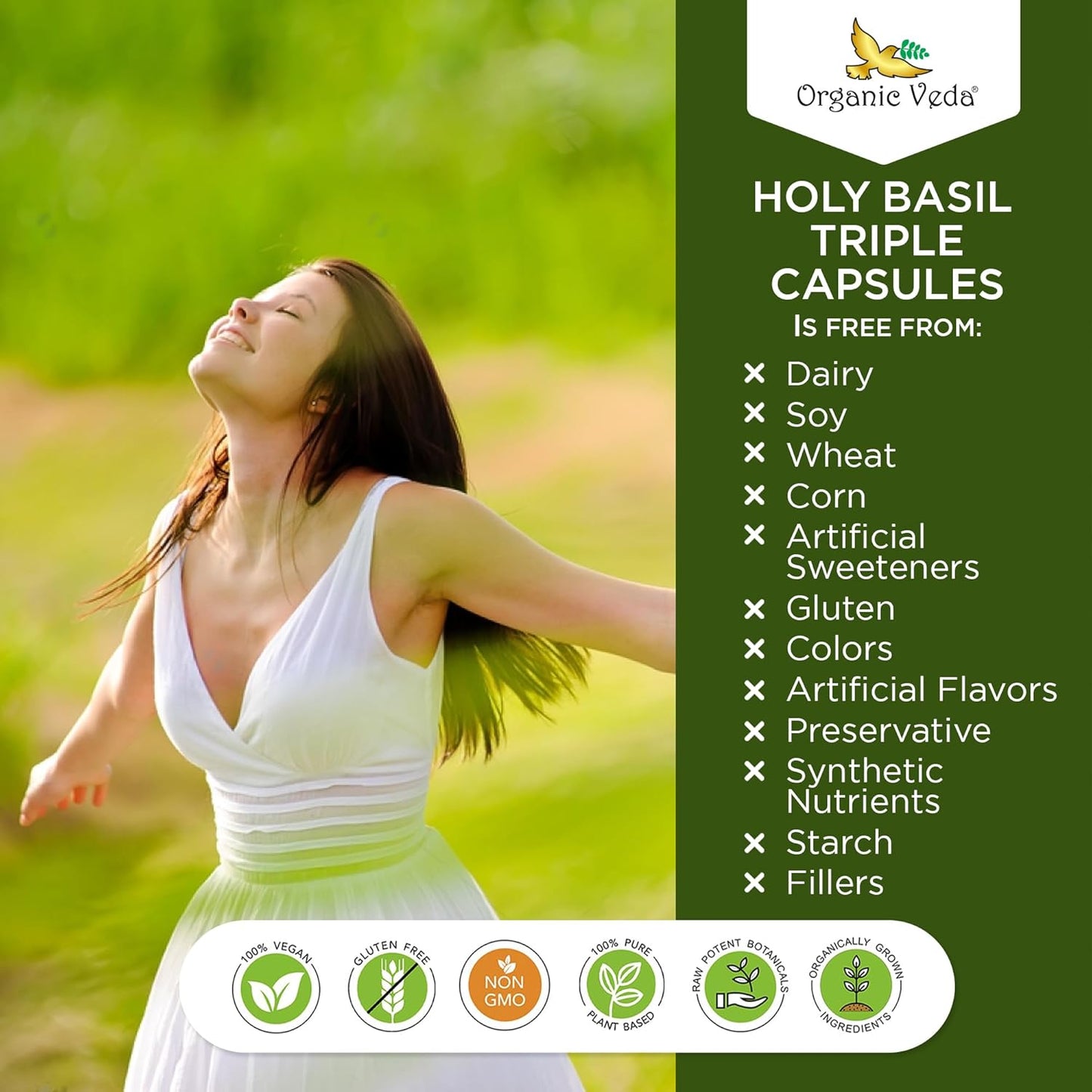 Triple Complex Tulsi Holy Basil Leaf Extract Capsules - Supports Respiratory Health, Immunity, Stress Response & Mood - Organic Veda - Vegan, Gluten-Free - 60 Count