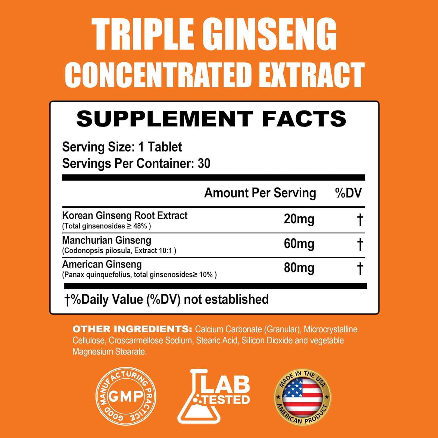 Triple Ginseng Complex with 15% Ginsenosides for Energy, Memory, Vitality, Immune Support, and Healthy Aging - 30 Tablets