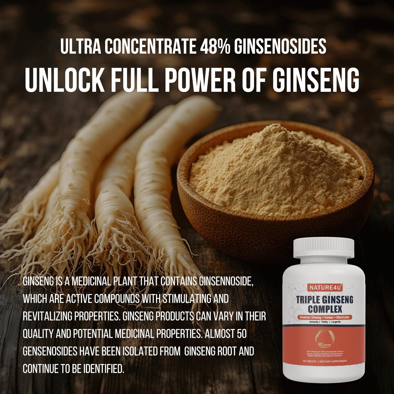 Triple Ginseng Complex with 15% Ginsenosides for Energy, Memory, Vitality, Immune Support, and Healthy Aging - 30 Tablets