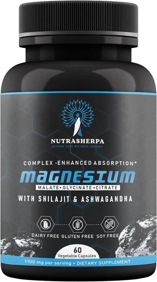 Triple Magnesium Blend with Shilajit and Ashwagandha for Enhanced Absorption - 300mg Magnesium Complex - Non-Buffered Formula