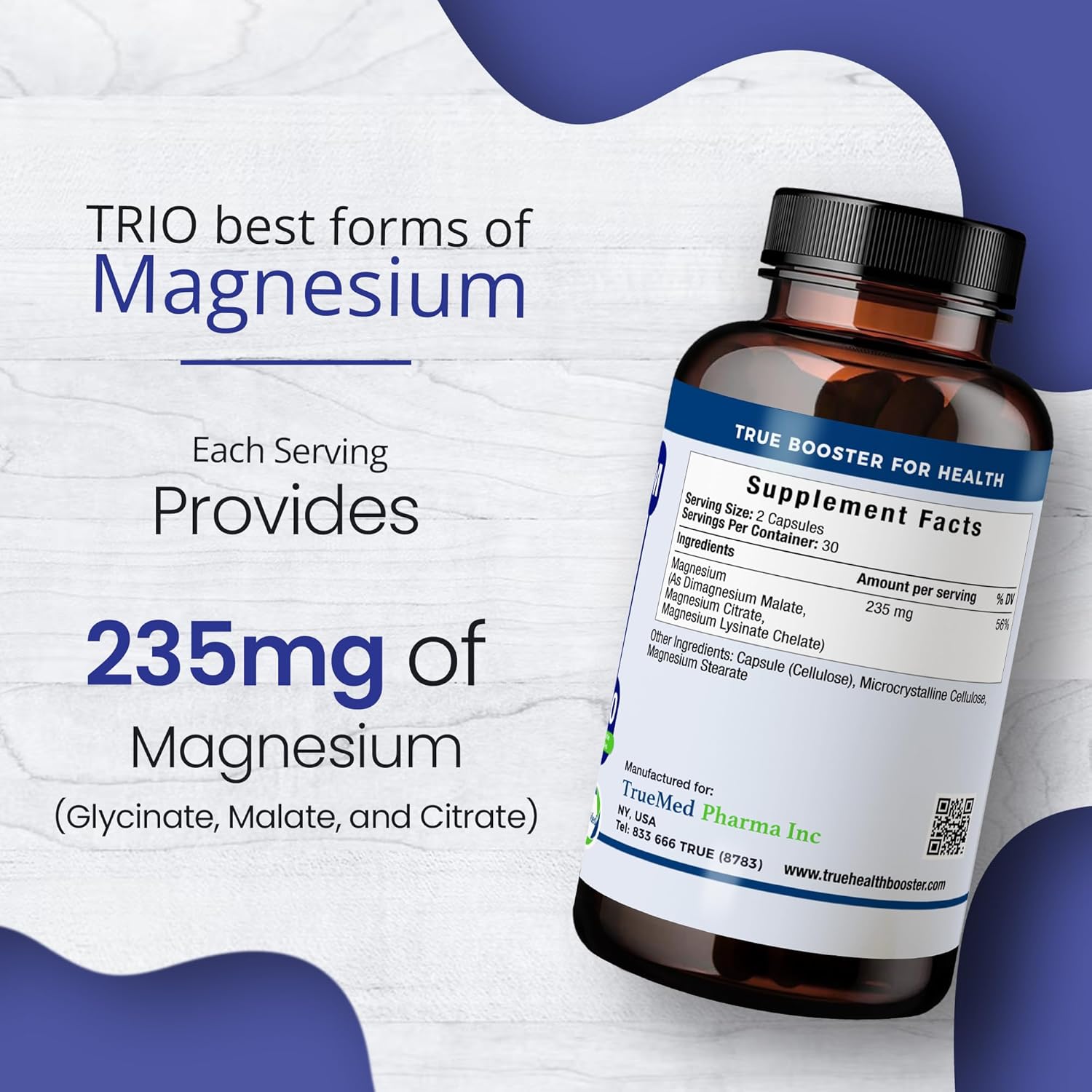 Triple Magnesium Complex 235mg Capsules for Muscle, Nerve Function, Bone Health, Energy, Relaxation, Sleep - 60 count