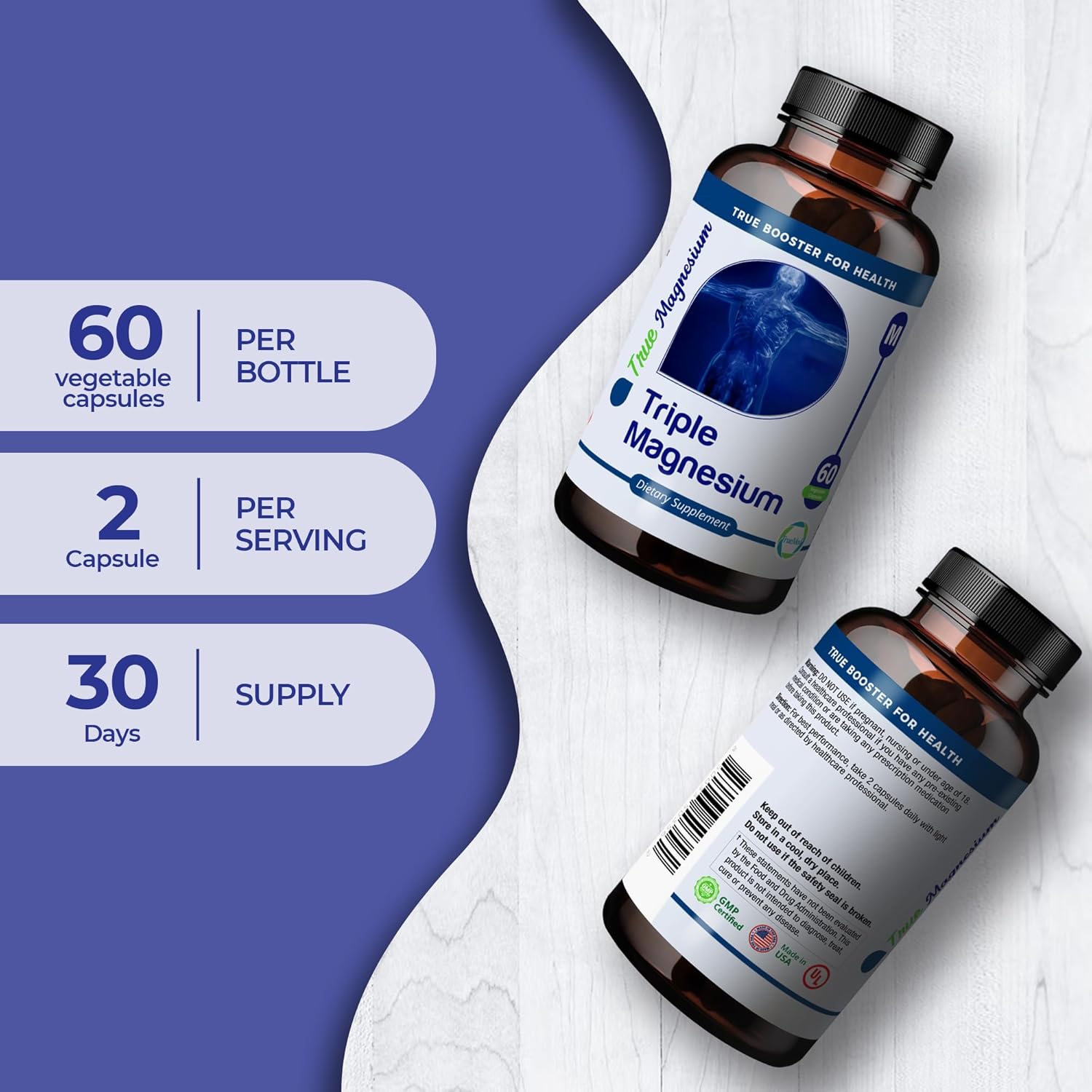 Triple Magnesium Complex 235mg Capsules for Muscle, Nerve Function, Bone Health, Energy, Relaxation, Sleep - 60 count