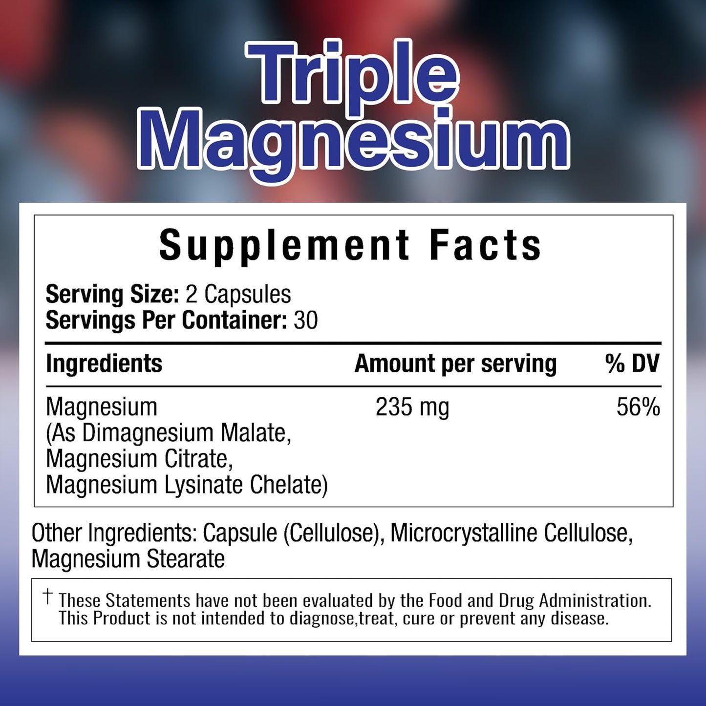 Triple Magnesium Complex 235mg Capsules for Muscle, Nerve Function, Bone Health, Energy, Relaxation, Sleep - 60 count