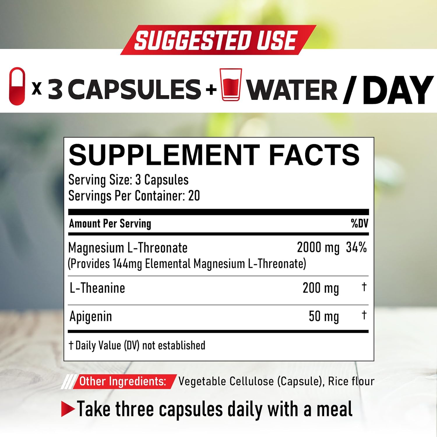 Triple Magnesium Complex Supplement - 2 Packs of 60 Capsules (2250mg) with Magnesium L-Threonate, L-Theanine, and Apigenin