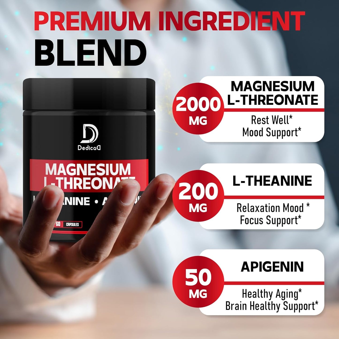 Triple Magnesium Complex Supplement - 2 Packs of 60 Capsules (2250mg) with Magnesium L-Threonate, L-Theanine, and Apigenin