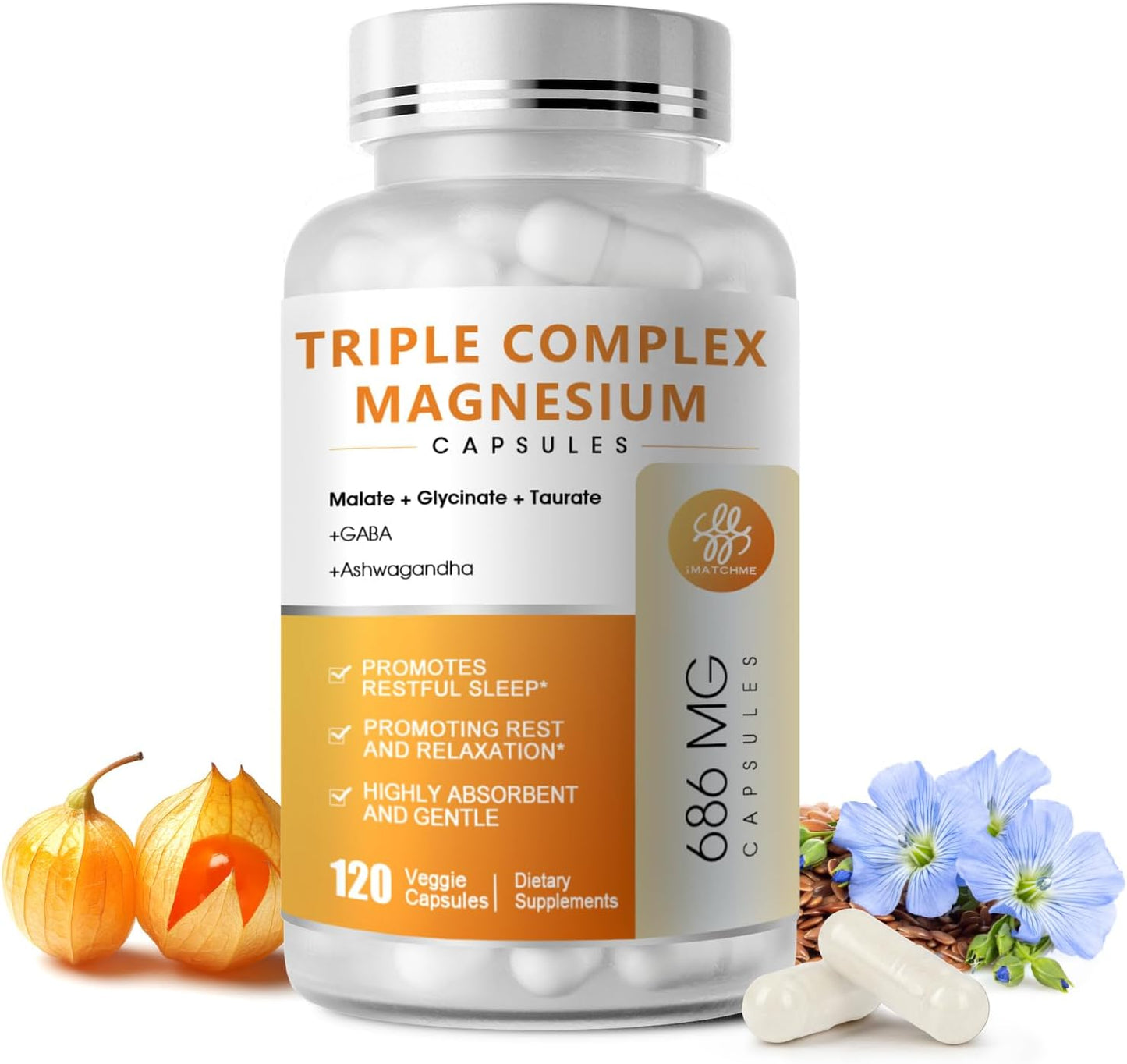 Triple Magnesium Complex Supplement with Omega3, GABA, Ashwagandha for Sleep & Heart Support - 120 Capsules, Vegan & Non-GMO