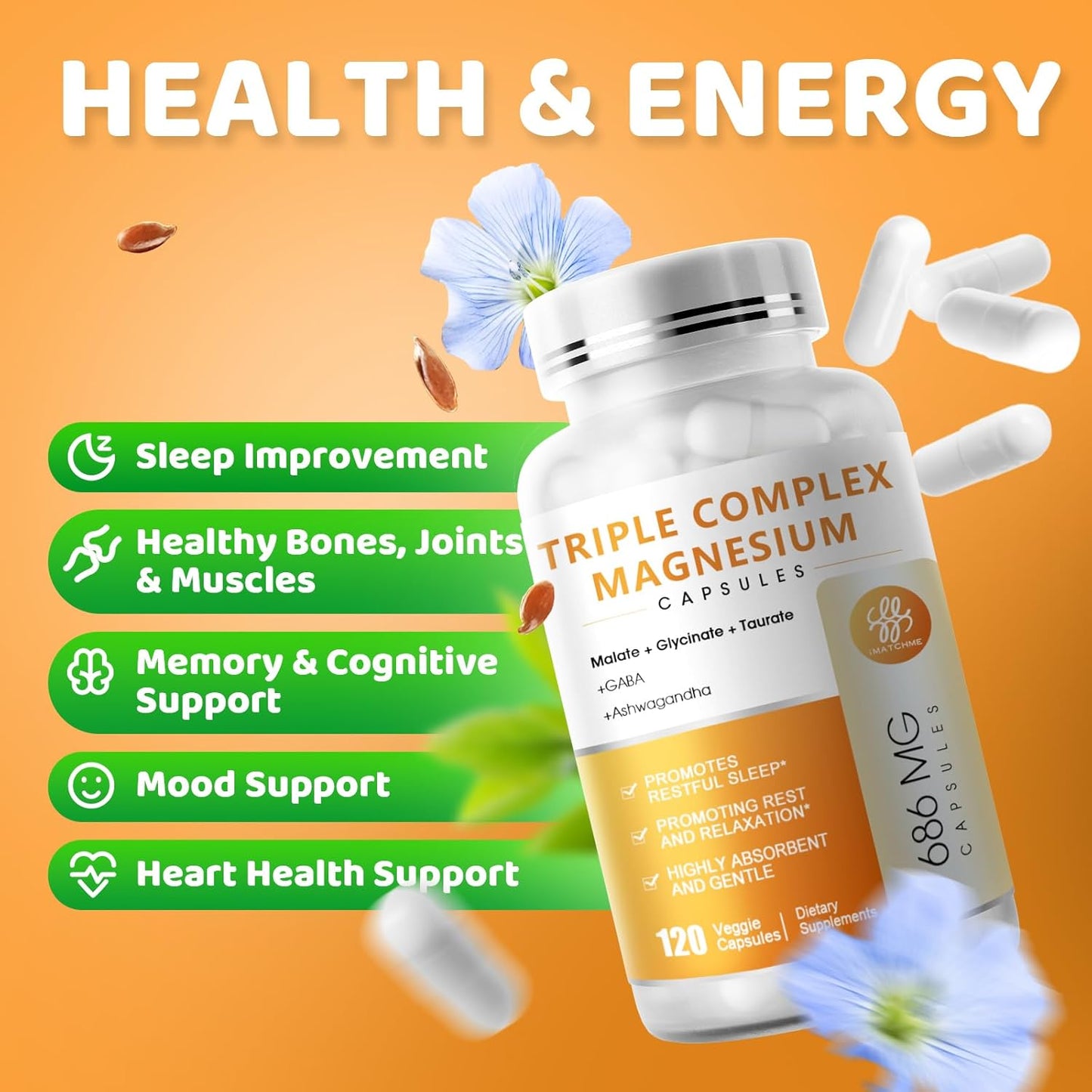 Triple Magnesium Complex Supplement with Omega3, GABA, Ashwagandha for Sleep & Heart Support - 120 Capsules, Vegan & Non-GMO