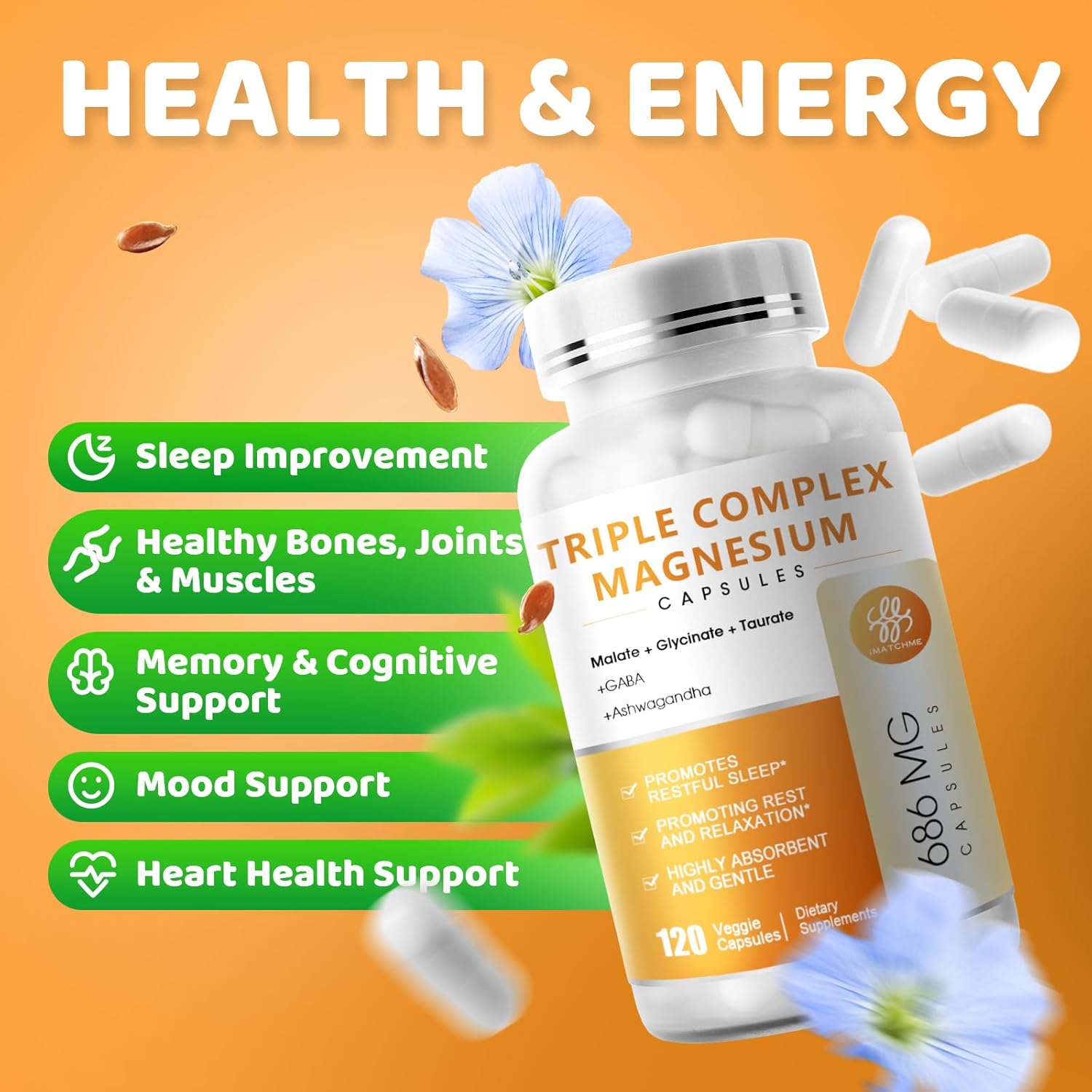Triple Magnesium Complex Supplement with Omega3, GABA, Ashwagandha for Sleep & Heart Support - 120 Capsules, Vegan & Non-GMO