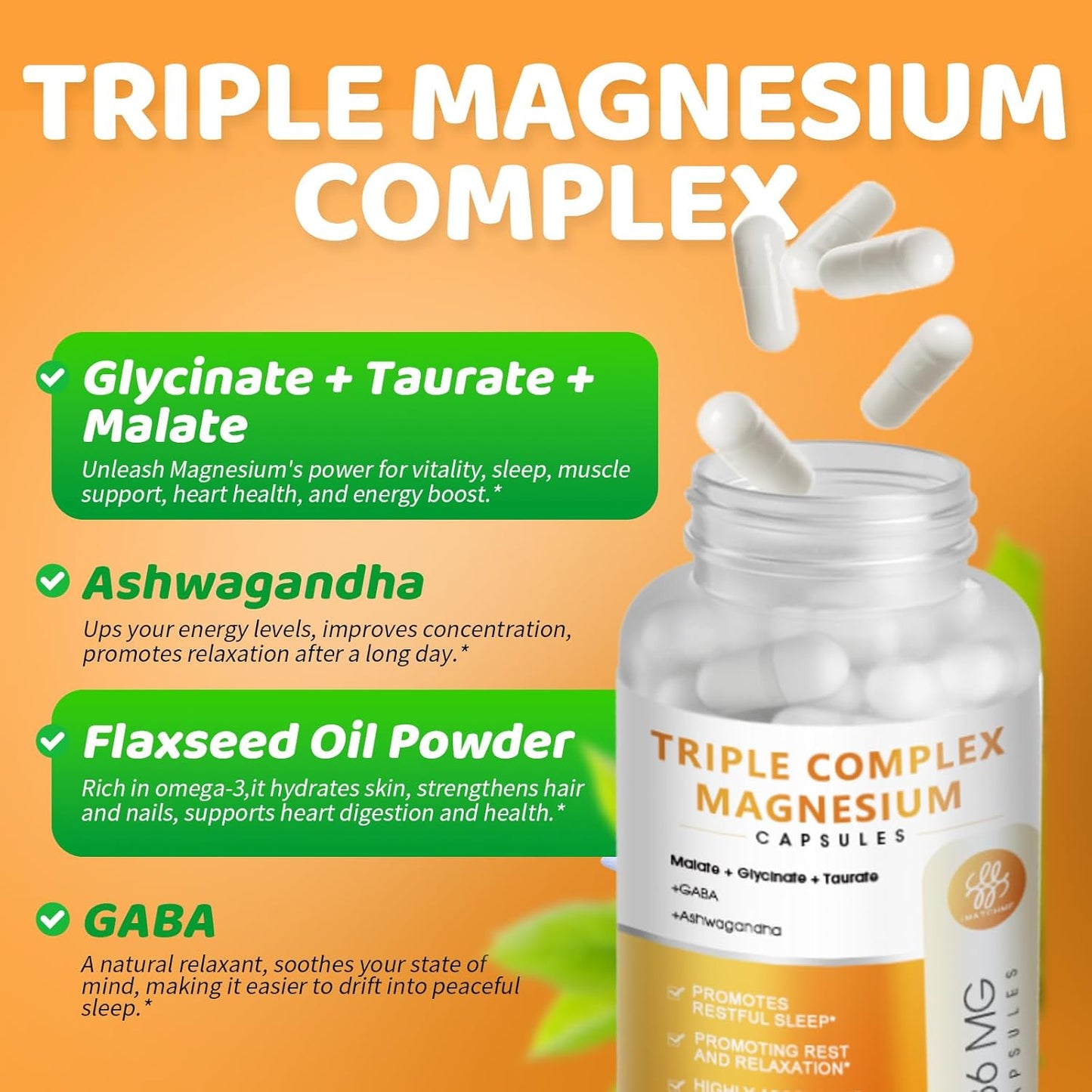 Triple Magnesium Complex Supplement with Omega3, GABA, Ashwagandha for Sleep & Heart Support - 120 Capsules, Vegan & Non-GMO