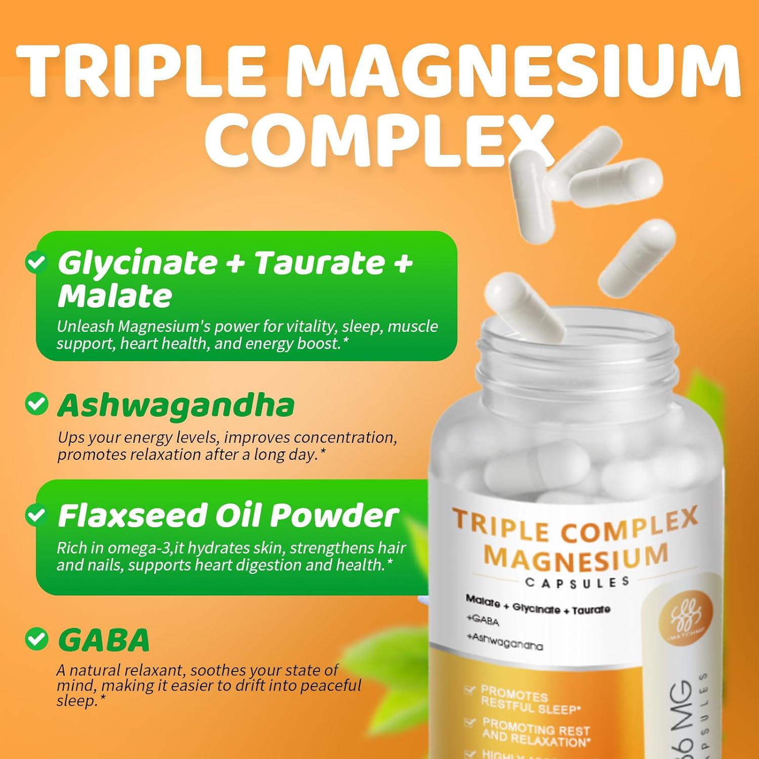 Triple Magnesium Complex Supplement with Omega3, GABA, Ashwagandha for Sleep & Heart Support - 120 Capsules, Vegan & Non-GMO