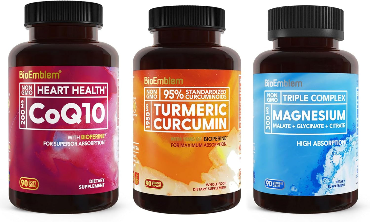 Triple Magnesium Complex, Turmeric Curcumin, CoQ10 with BioPerine Supplement by BioEmblem