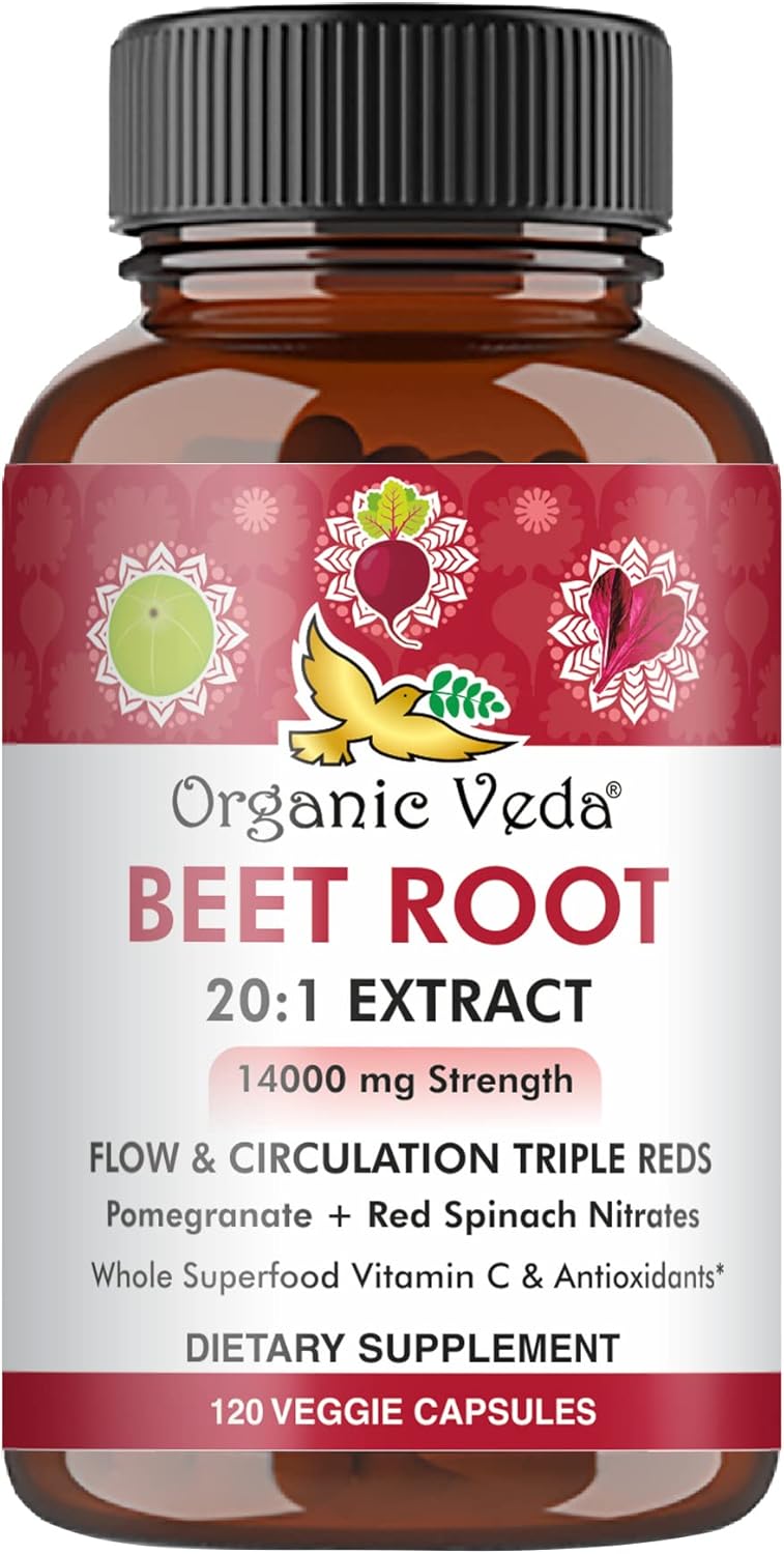 Triple Red Nitric Oxide Beets Capsules - Organic Veda Beet Root Supplement with Nitrates and Vitamin C - Red Spinach, Pomegranate, Black Pepper - 120 Capsules