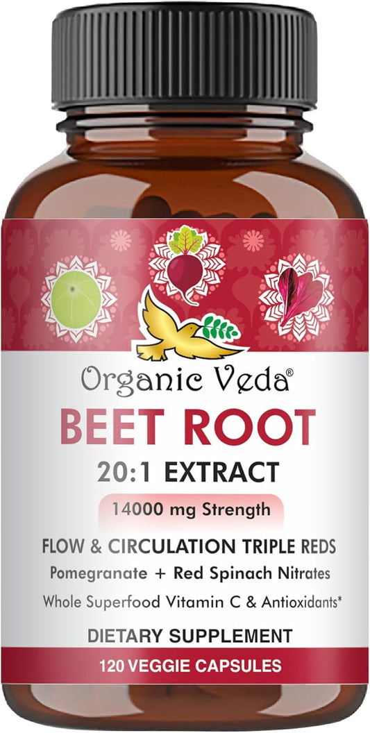 Triple Red Nitric Oxide Beets Capsules - Organic Veda Beet Root Supplement with Nitrates and Vitamin C - Red Spinach, Pomegranate, Black Pepper - 120 Capsules