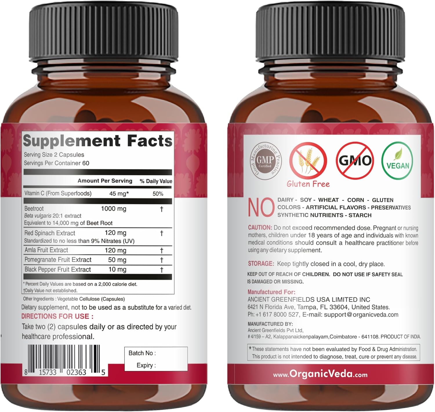 Triple Red Nitric Oxide Beets Capsules - Organic Veda Beet Root Supplement with Nitrates and Vitamin C - Red Spinach, Pomegranate, Black Pepper - 120 Capsules