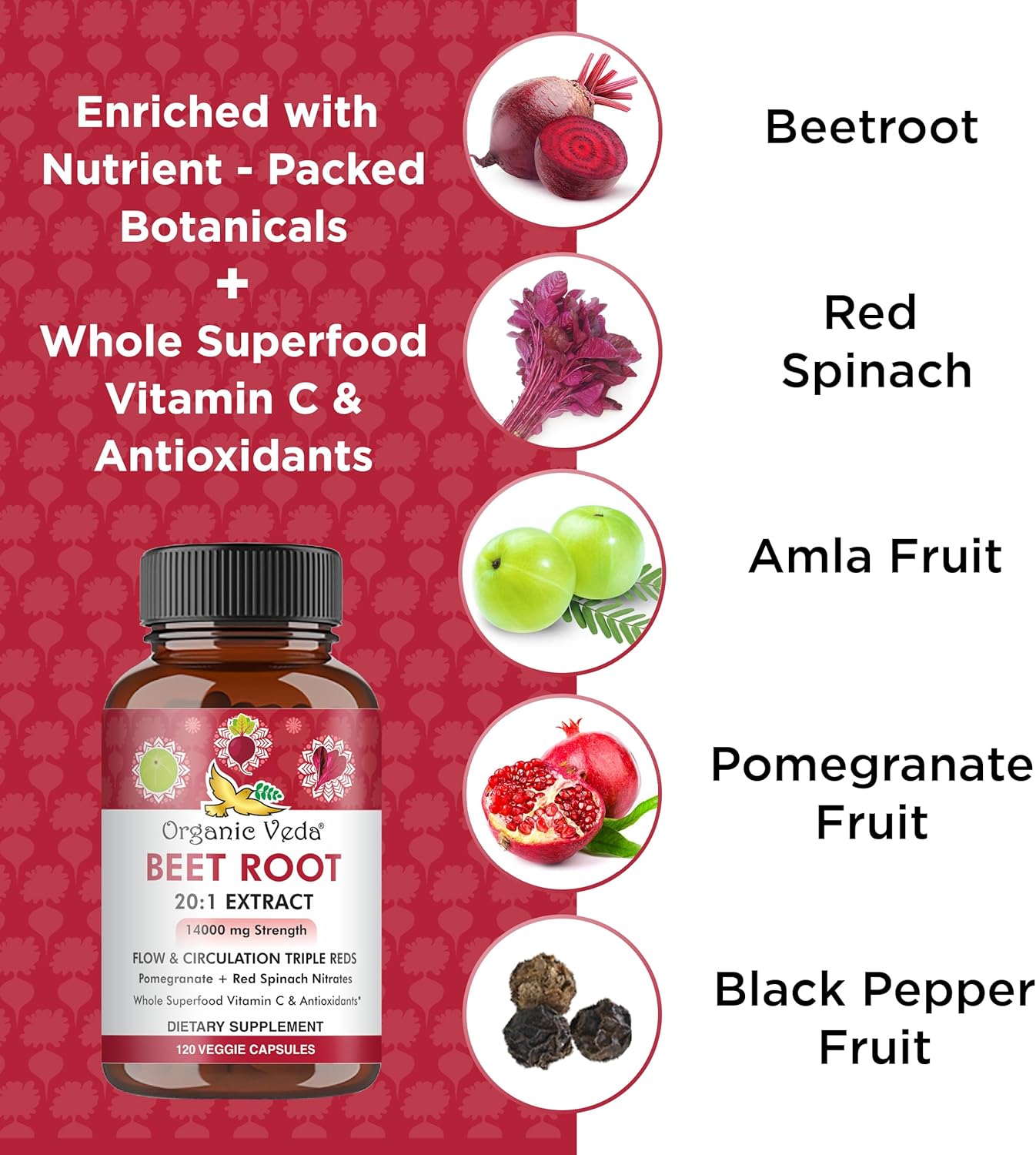 Triple Red Nitric Oxide Beets Capsules - Organic Veda Beet Root Supplement with Nitrates and Vitamin C - Red Spinach, Pomegranate, Black Pepper - 120 Capsules