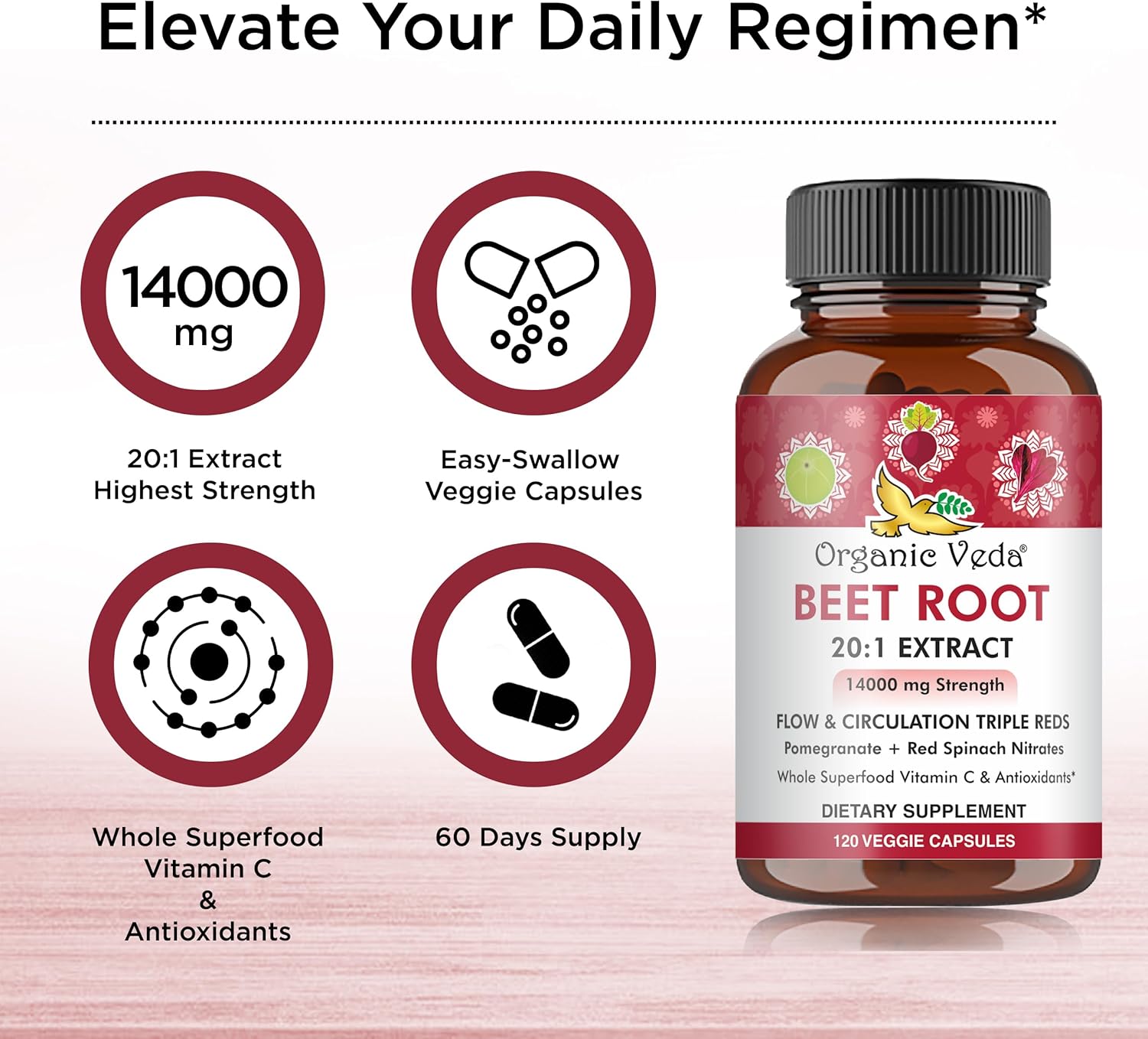 Triple Red Nitric Oxide Beets Capsules - Organic Veda Beet Root Supplement with Nitrates and Vitamin C - Red Spinach, Pomegranate, Black Pepper - 120 Capsules