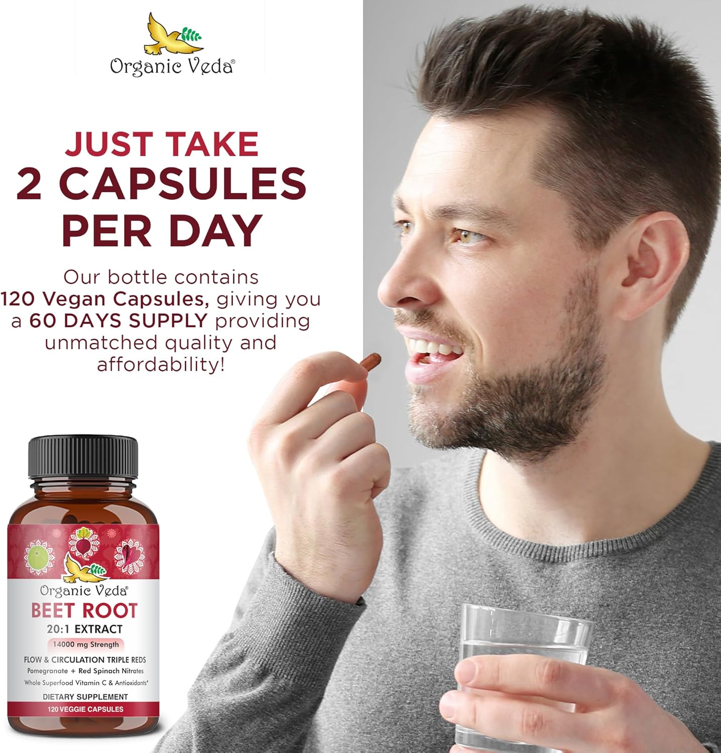 Triple Red Nitric Oxide Beets Capsules - Organic Veda Beet Root Supplement with Nitrates and Vitamin C - Red Spinach, Pomegranate, Black Pepper - 120 Capsules
