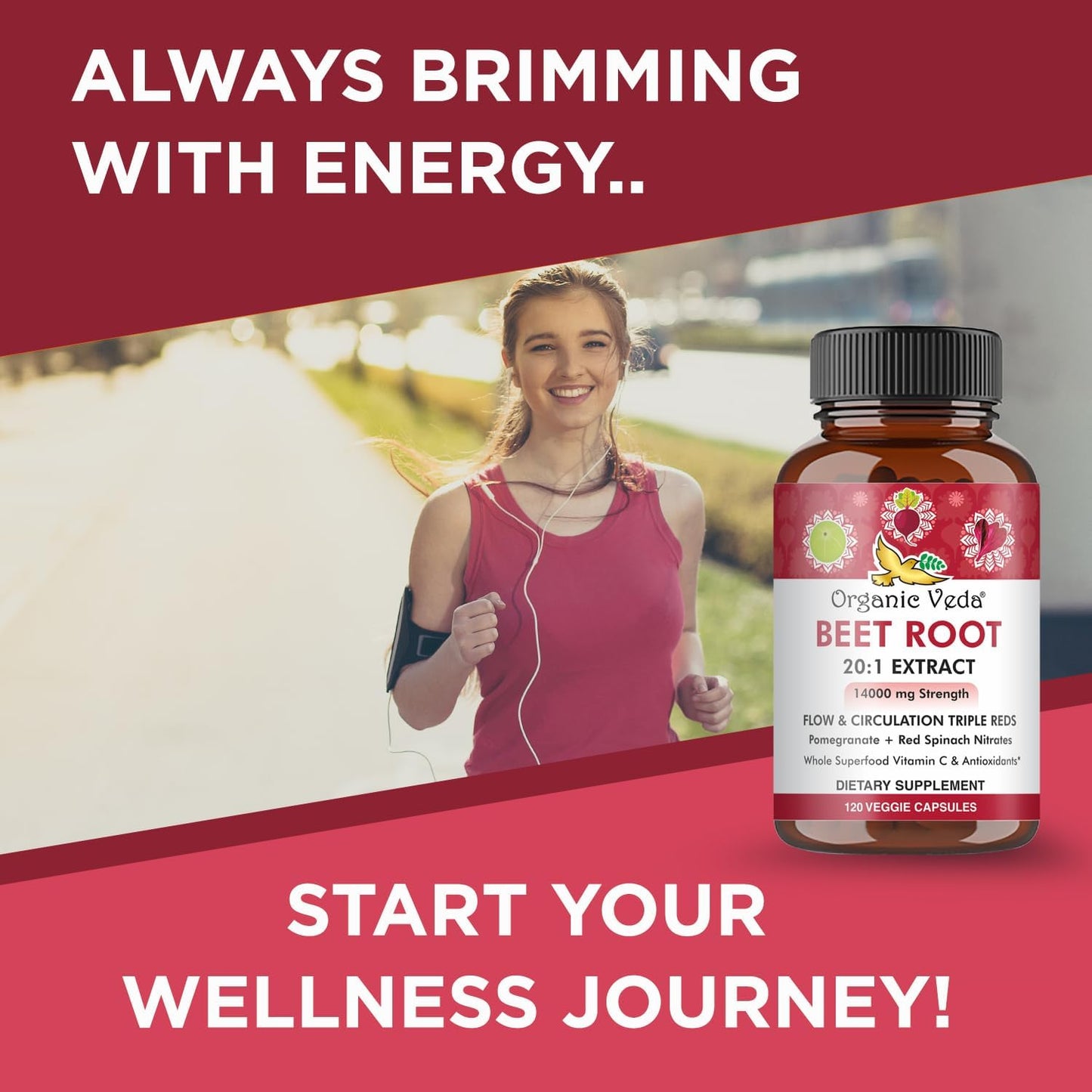 Triple Red Nitric Oxide Beets Capsules - Organic Veda Beet Root Supplement with Nitrates and Vitamin C - Red Spinach, Pomegranate, Black Pepper - 120 Capsules