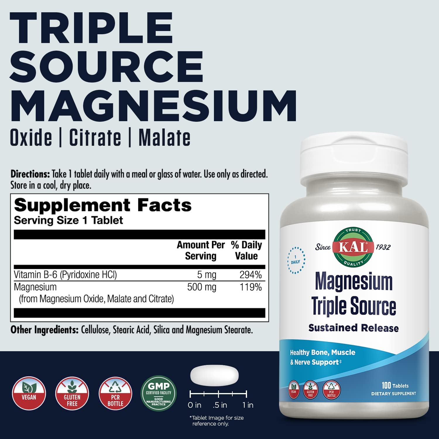 Triple Source Magnesium Complex Supplement - Citrate, Malate, Oxide, Sustained Release for Bone, Muscle, Nerve Support - Vegan, Gluten Free - 100 Tabs, 100 Servings, 60-Day Guarantee
