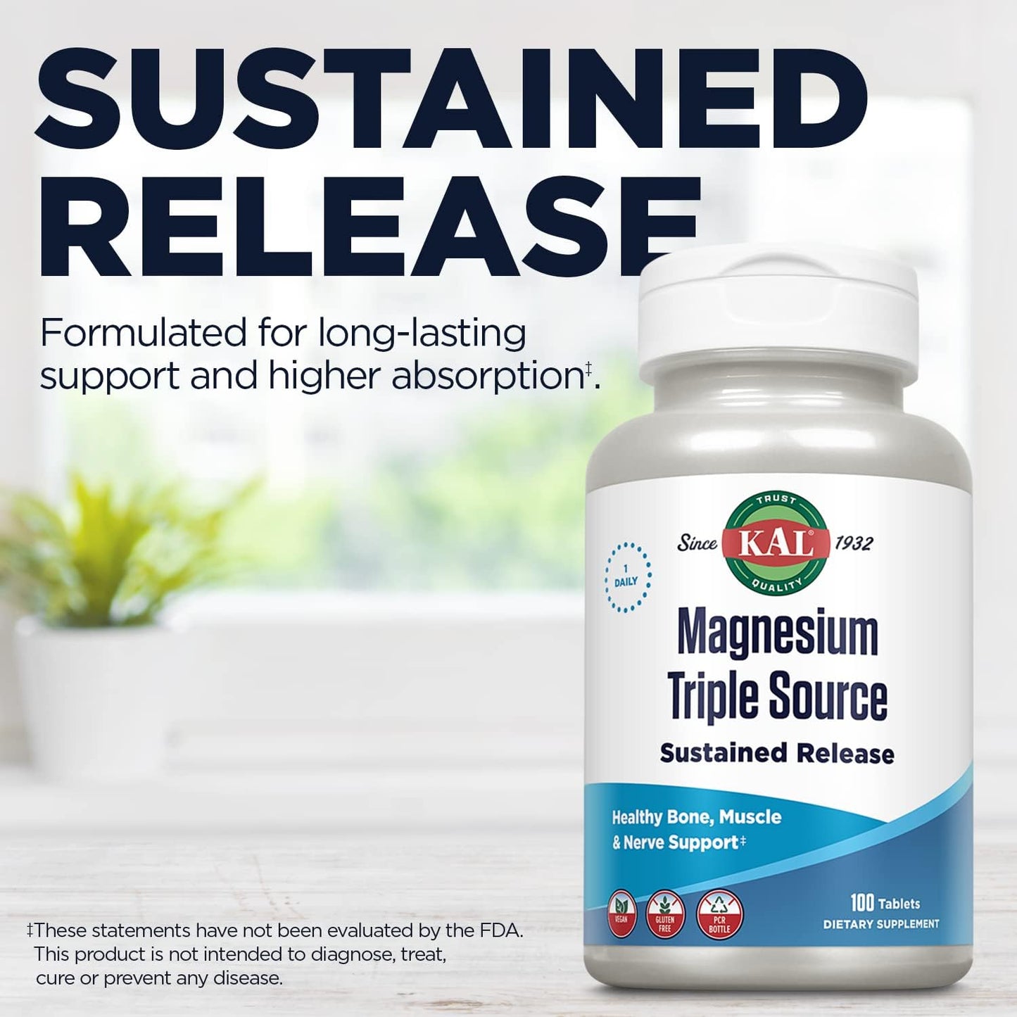 Triple Source Magnesium Complex Supplement - Citrate, Malate, Oxide, Sustained Release for Bone, Muscle, Nerve Support - Vegan, Gluten Free - 100 Tabs, 100 Servings, 60-Day Guarantee
