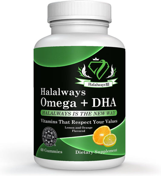 Triple Strength Halalways Omega + DHA Gummies - Halal Certified Fish Oil Vitamins for Heart Health, Orange & Lemon Flavor
