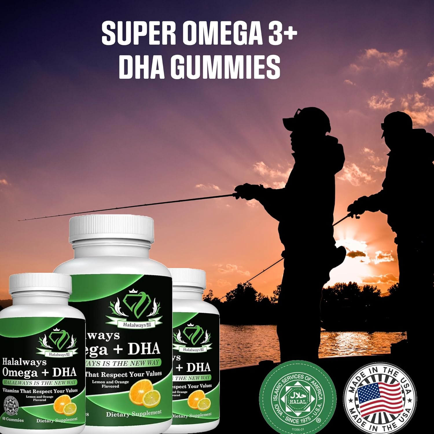 Triple Strength Halalways Omega + DHA Gummies - Halal Certified Fish Oil Vitamins for Heart Health, Orange & Lemon Flavor