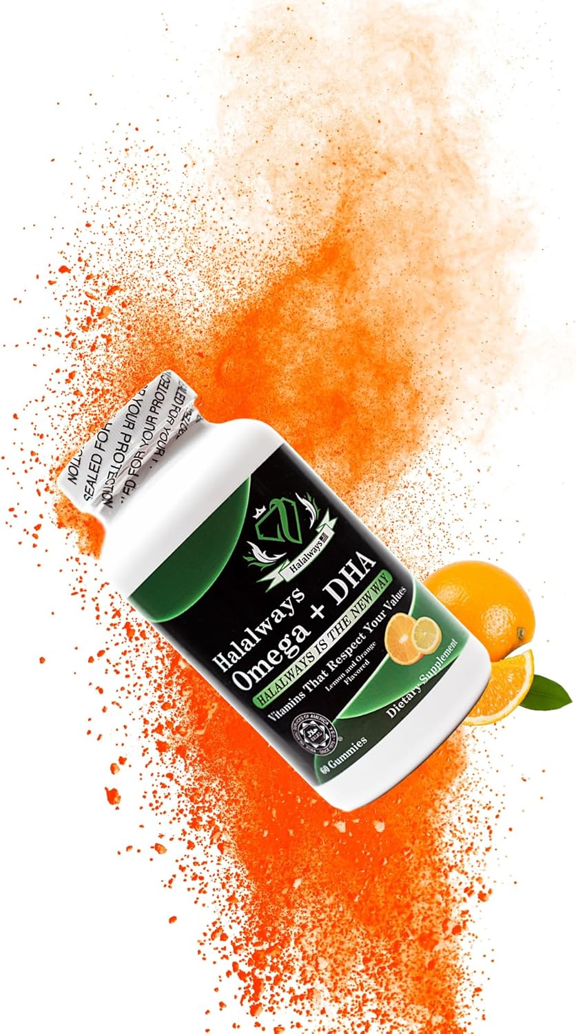 Triple Strength Halalways Omega + DHA Gummies - Halal Certified Fish Oil Vitamins for Heart Health, Orange & Lemon Flavor