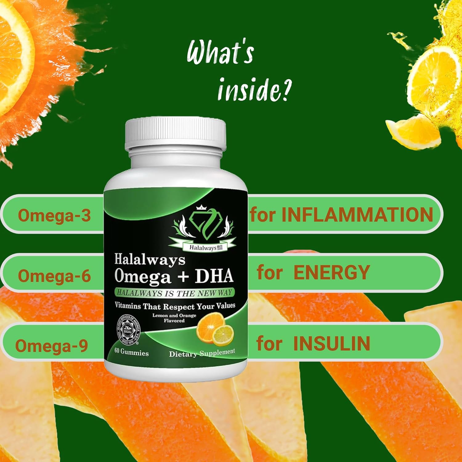 Triple Strength Halalways Omega + DHA Gummies - Halal Certified Fish Oil Vitamins for Heart Health, Orange & Lemon Flavor