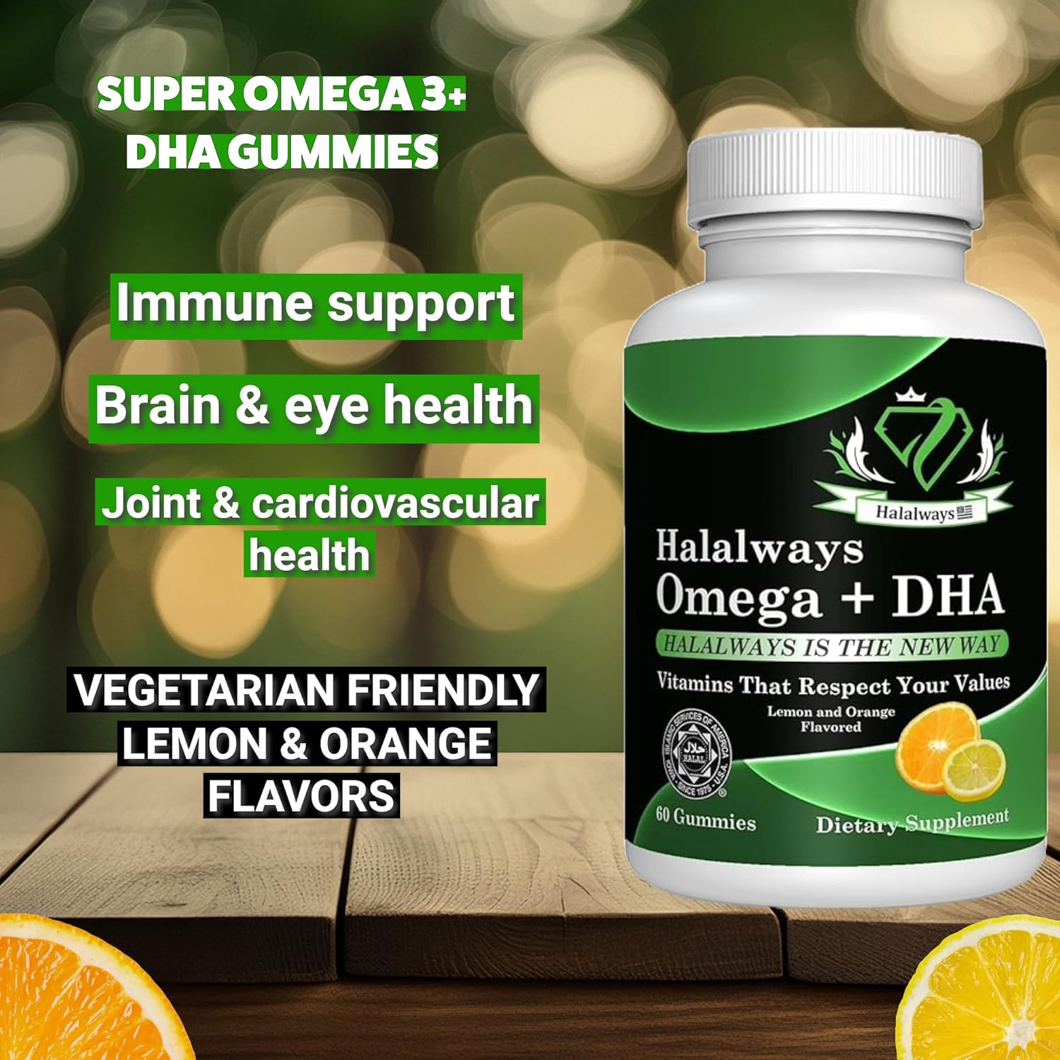 Triple Strength Halalways Omega + DHA Gummies - Halal Certified Fish Oil Vitamins for Heart Health, Orange & Lemon Flavor