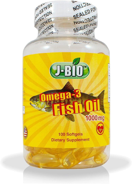 Triple Strength J-BIO Omega-3 Fish Oil Supplement - 1000mg, High Potency (600mg Omega 3 Fatty Acids: 240mg DHA + 360mg EPA) - 100 Softgels