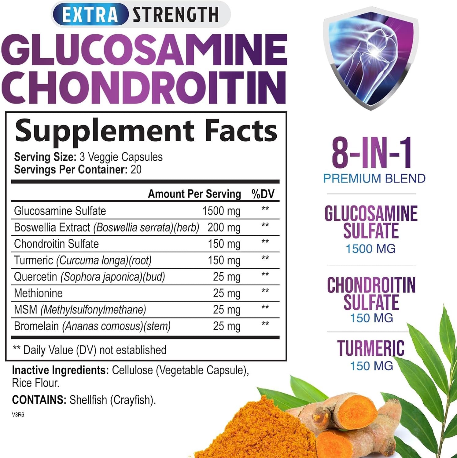 Triple Strength Joint Support Supplement with Glucosamine, Chondroitin, MSM, Turmeric, Boswellia, Quercetin - 60 Capsules for Joints, Bones, Knees & Mobility