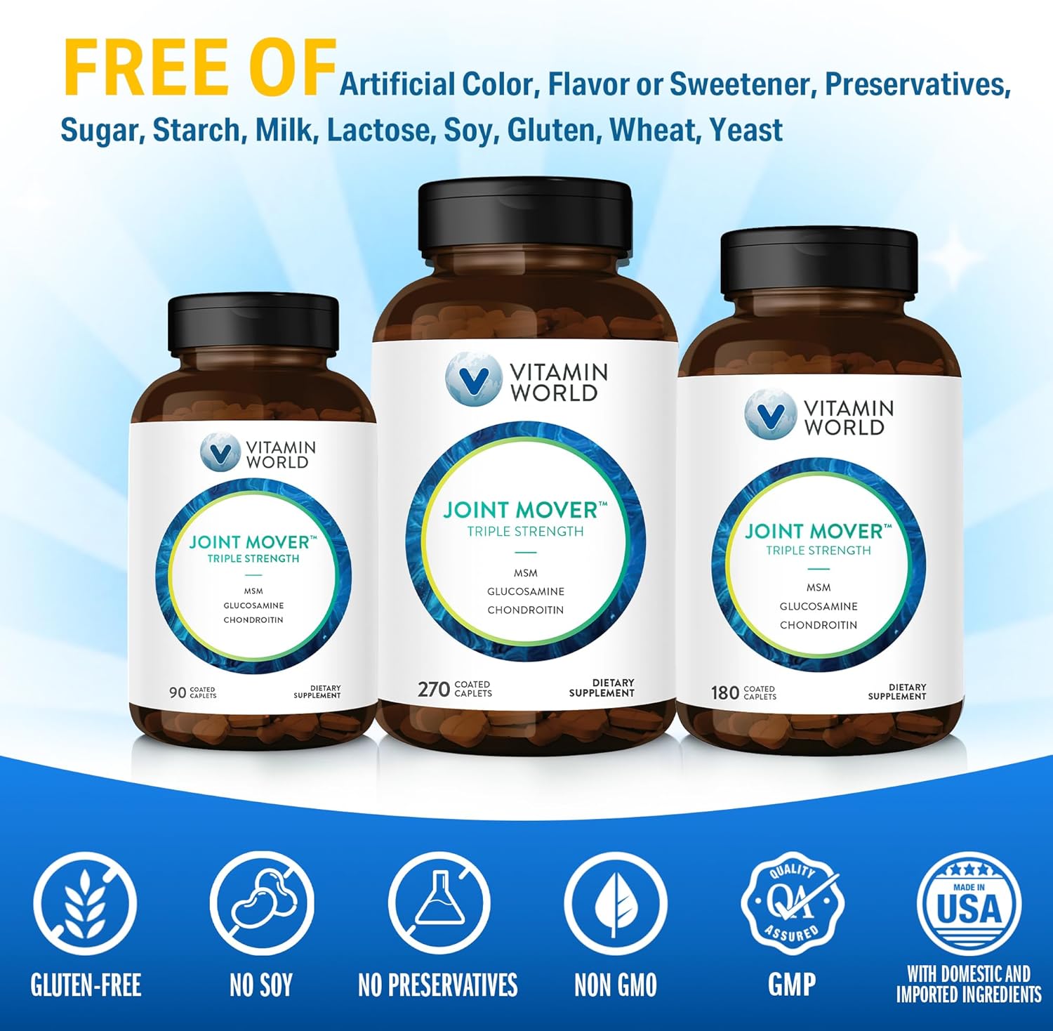 Triple Strength Joint Support Supplement with Glucosamine, Chondroitin, MSM, Collagen, and Boswellia Serrata Extract for Joint Strength, Comfort, and Flexibility - 270 Caplets