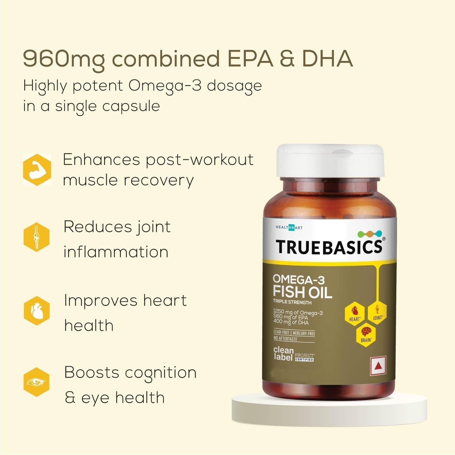 Triple Strength Omega 3 Fish Oil Capsules for Women & Men - 60 Capsules, 1250 mg Omega 3, Muscle Recovery, Heart, Joints & Brain