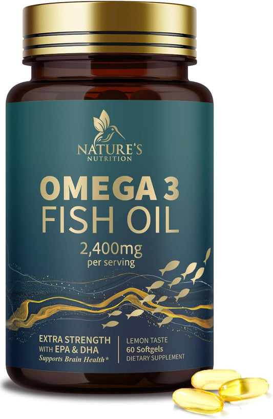 Triple Strength Omega-3 Fish Oil Softgels - 2400mg, Brain & Heart Health Support - EPA & DHA, 60ct