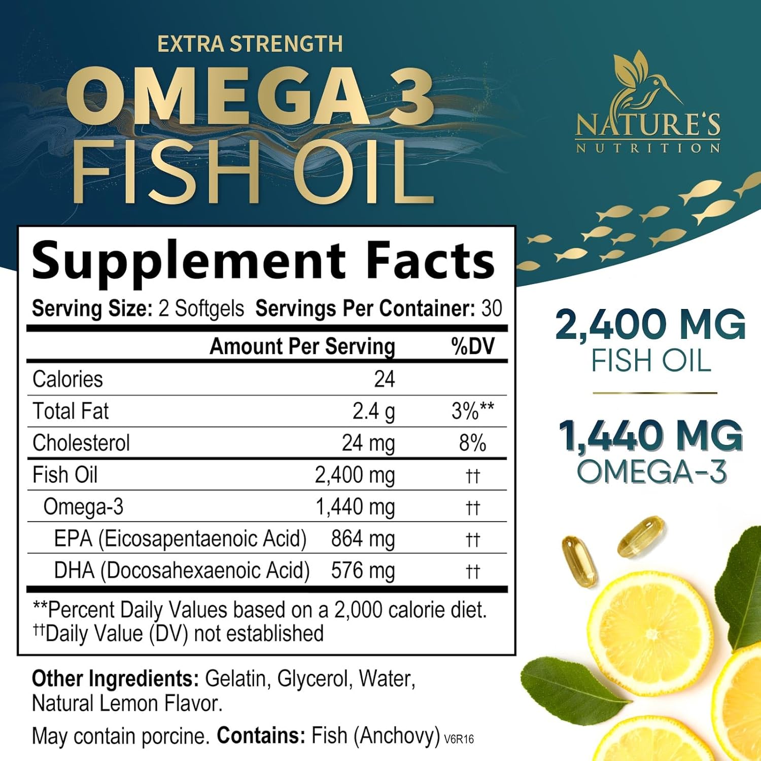 Triple Strength Omega-3 Fish Oil Softgels - 2400mg, Brain & Heart Health Support - EPA & DHA, 60ct