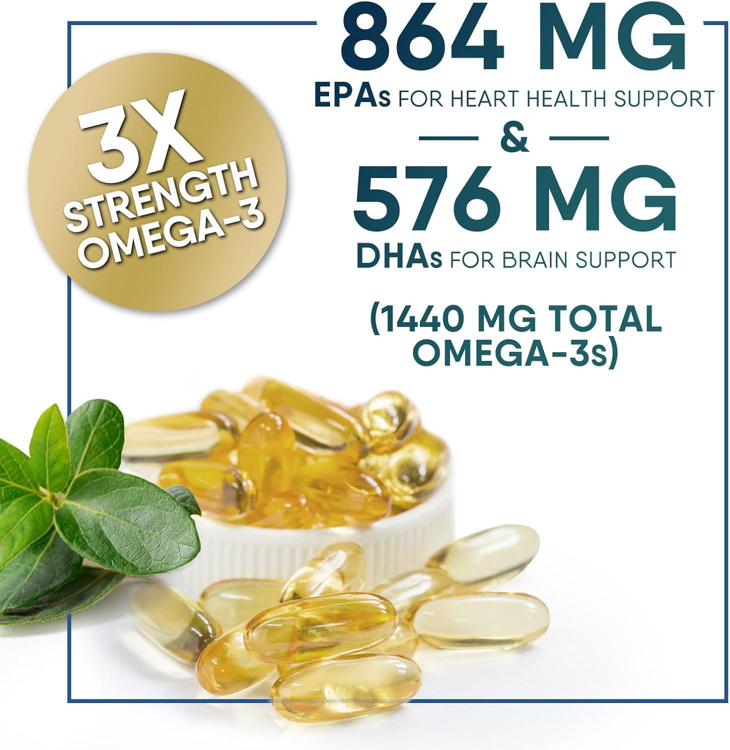 Triple Strength Omega-3 Fish Oil Softgels - 2400mg, Brain & Heart Health Support - EPA & DHA, 60ct