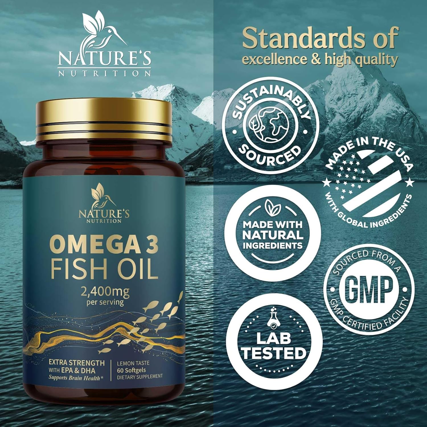 Triple Strength Omega-3 Fish Oil Softgels - 2400mg, Brain & Heart Health Support - EPA & DHA, 60ct