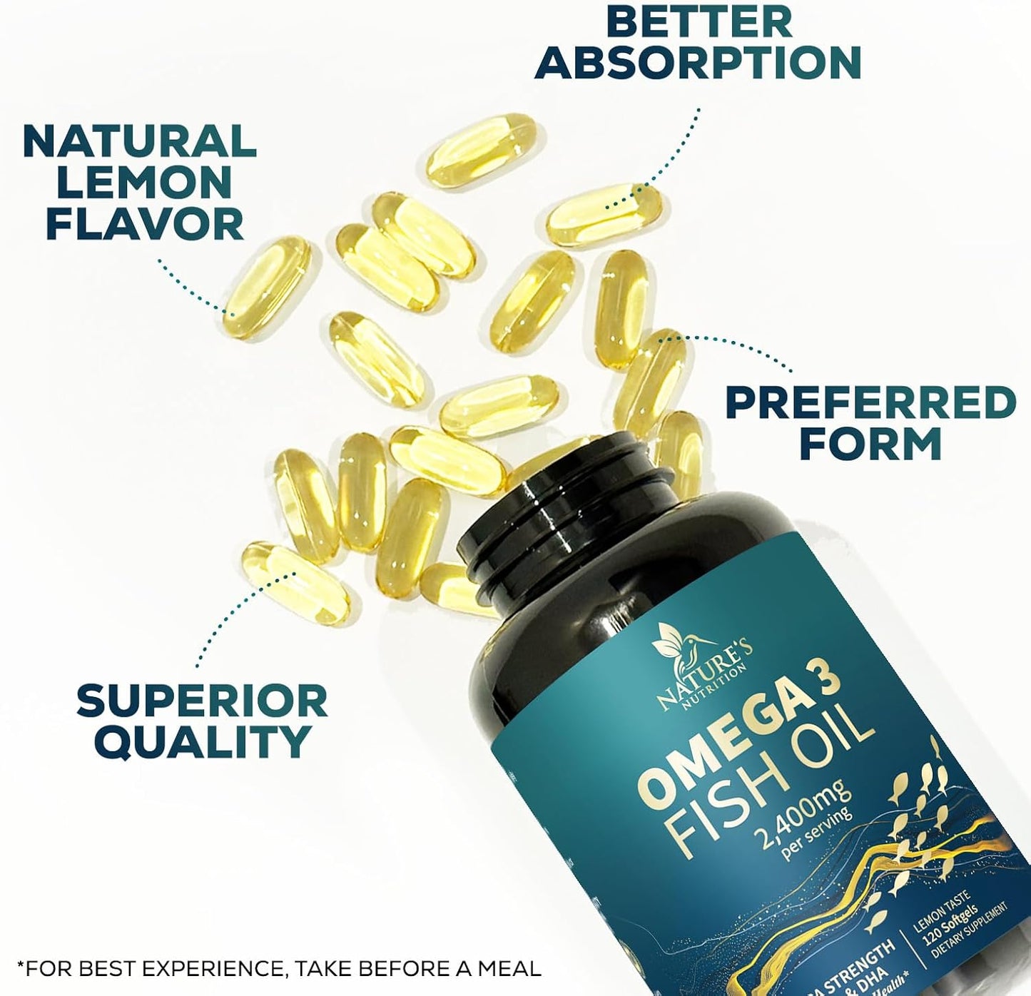 Triple Strength Omega-3 Fish Oil Softgels - 2400mg, Brain & Heart Health Support - EPA & DHA, 60ct