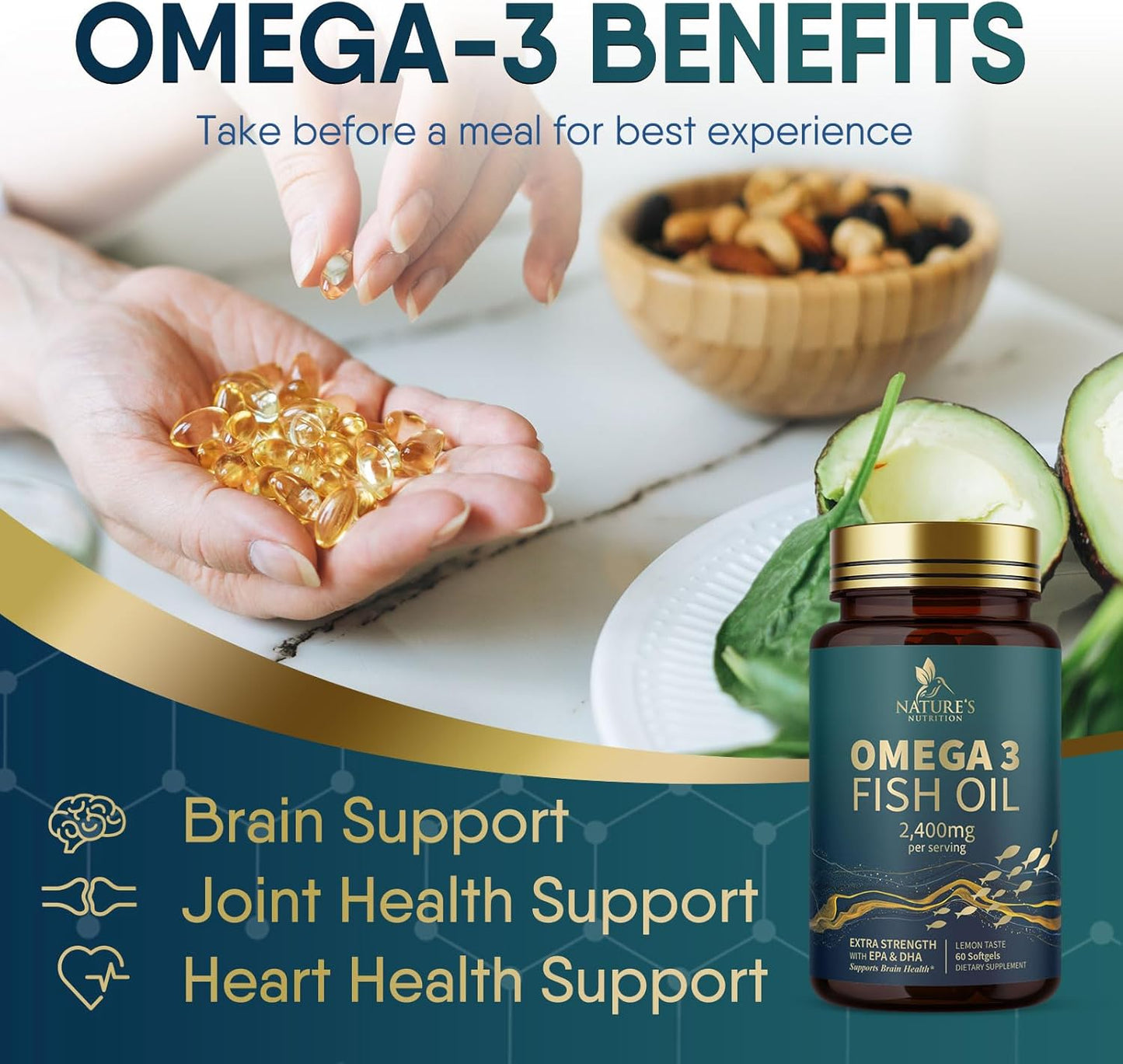 Triple Strength Omega-3 Fish Oil Softgels - 2400mg, Brain & Heart Health Support - EPA & DHA, 60ct