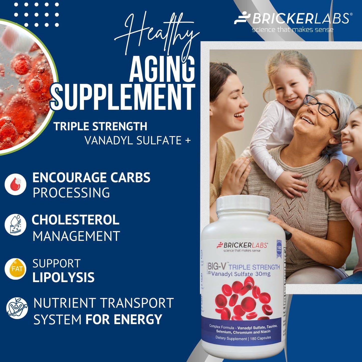 Triple Strength Vanadyl Supplement with Taurine, Selenium, Chromium, Niacin - 180 Capsules