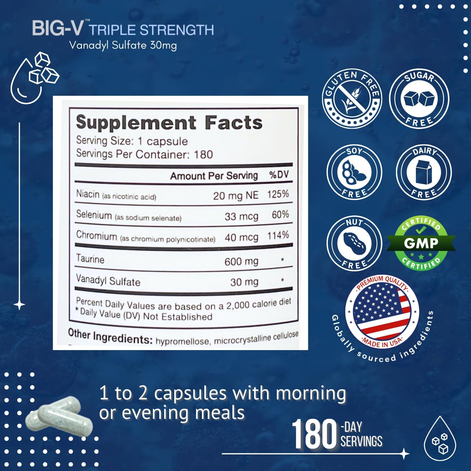 Triple Strength Vanadyl Supplement with Taurine, Selenium, Chromium, Niacin - 180 Capsules