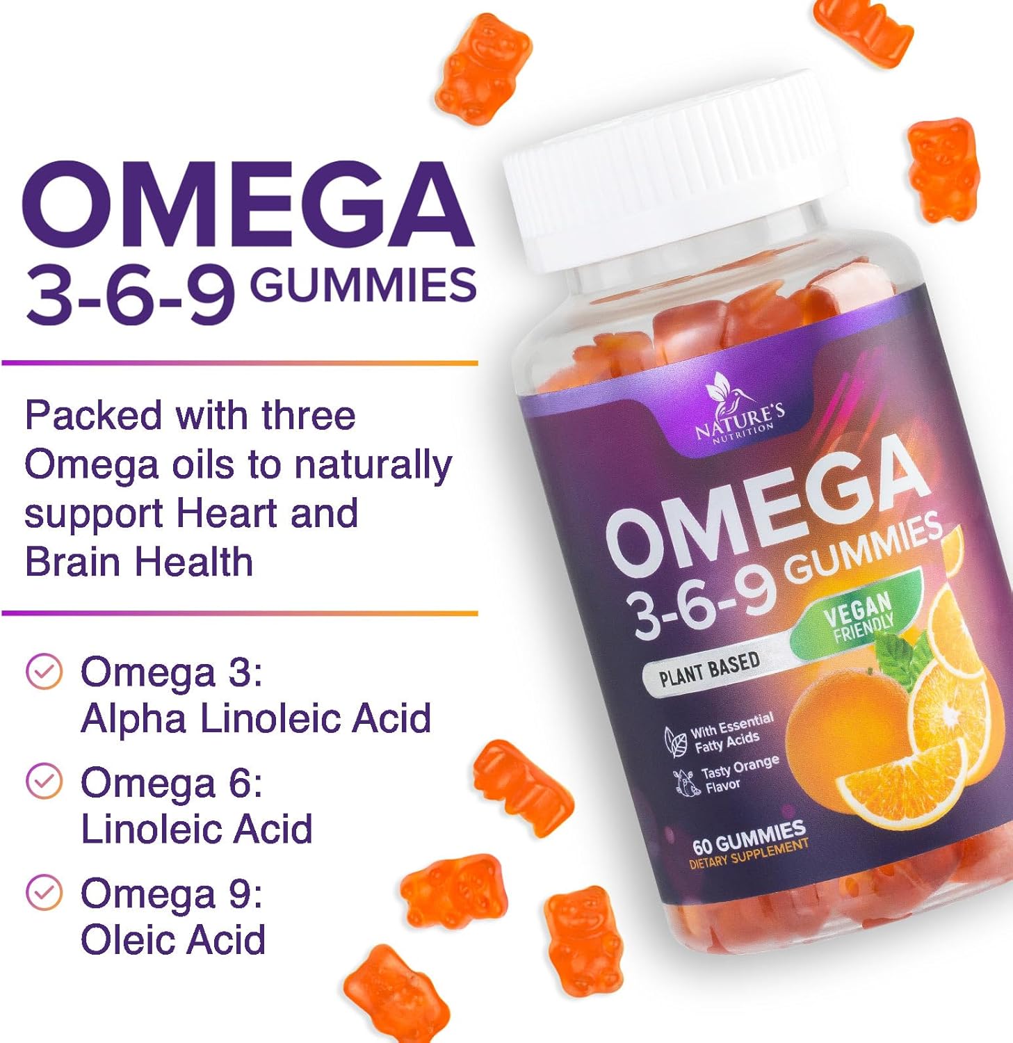 Triple Strength Vegan Omega 3 Gummies for Heart & Brain Support - Non-GMO Essential Oil Supplement - Orange Flavor - 60 Gummies - BoostGo Australia