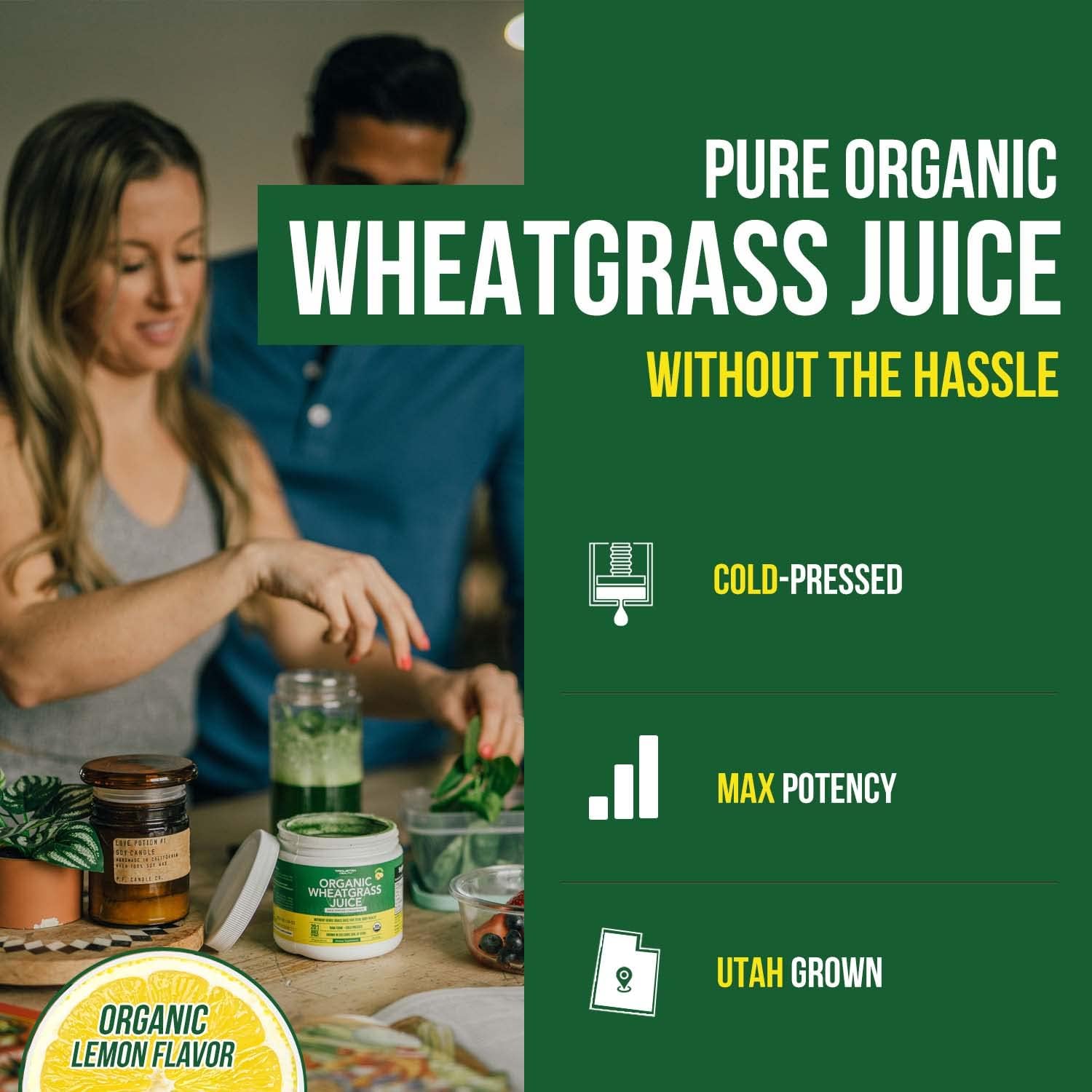 Triquetra Health Organic Wheatgrass Juice Powder - Super Concentrated Lemon Flavor - 6.2 oz, 60 Servings - Raw & BioActive - Grown in Utah Volcanic Soil, Cold-Pressed & CO2 Dried