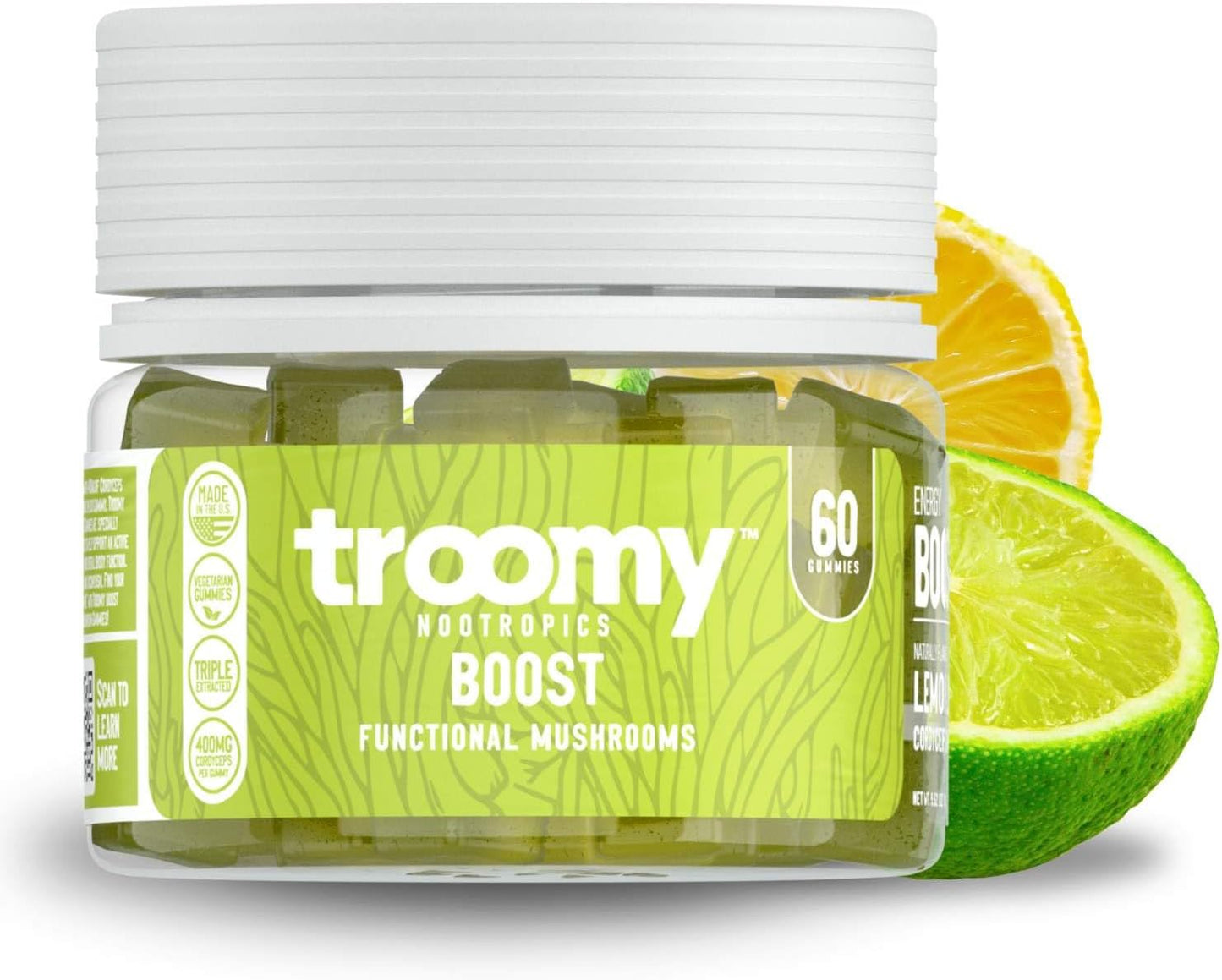 Troomy Boost Cordyceps All Natural Mushroom Gummies - 60 Count - Promotes Hyper Focus & Healthy Lifestyle - Lemon Lime Flavor