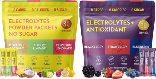 Tropical & Berry Assorted Keto Electrolyte Powder Bundle - Sugar-Free & Zero Calorie Drink Mix Packets - 60 Servings