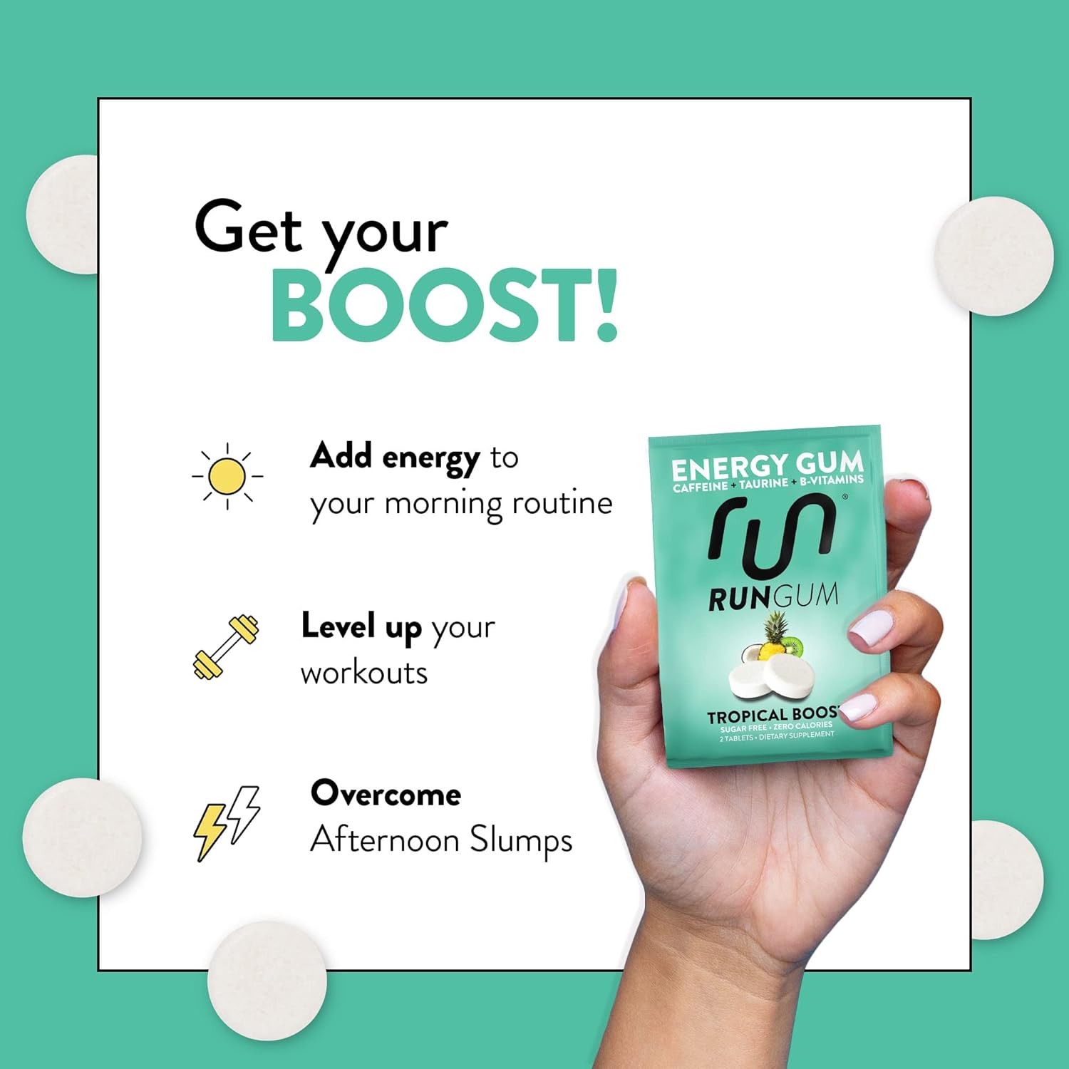 Tropical Boost Energy Chewing Gum - 50mg Caffeine, Taurine, B-Vitamins - 24 Pieces x 12 Pack - Sugar Free, Zero Calorie, Gluten Free - BoostGo Australia